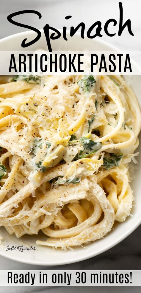 Baked Spinach Artichoke Pasta, Spinach Artichoke Sauce, Artichoke Noodle Recipes, Asparagus Artichoke Pasta, Vegetarian Savory Recipes, Spinach Artichoke Dinner Recipes, Spinach Artichoke Recipes Dinners, Spinach Artichoke Spaghetti, Artichoke Spinach Pasta Recipes