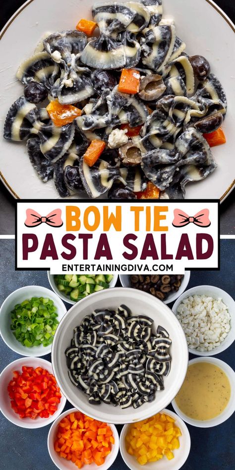 Holiday Theme Food, Bow Tie Pasta Salad, Pasta Salad With Italian Dressing, Buffet Halloween, Halloween Pasta, Bowtie Pasta Salad, Bow Tie Pasta, Cold Pasta Salad Recipes, Potluck Dinner