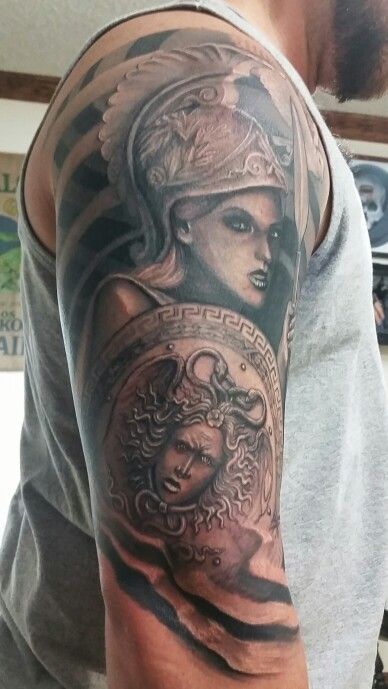 Greek mythology tattoo. Athena tattoo. Medusa shield. Back Tattoo Medusa, Medusa Shield Tattoo, Athena Shield, Athena Medusa, Medusa Shield, Tattoo Medusa, Athena Tattoo, Shield Tattoo, Greek Mythology Tattoos