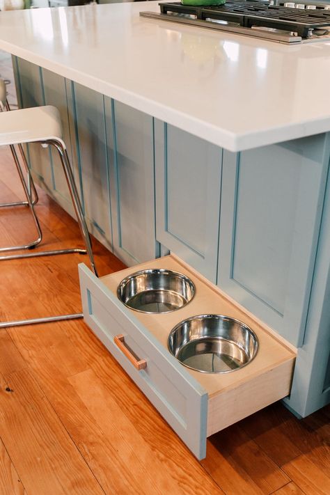 Dog Food And Bowl Storage, Hidden Dog Food Bowls, Kitchen With Built In Dog Bowls, Dog Bowl Set Up In Kitchen, Dog Bowl Nook, Built In Dog Water Bowl, Dog Bowl Built In Island, Kitchen Cabinet With Dog Bowls, Dog Bowl In Laundry Room