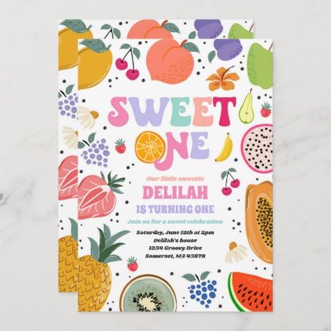 Tutti Frutti Tropical Summer Sweet One Birthday for $3.08 - Birthday Invitations Tropical First Birthday, Two Sweet Birthday Invitation, Tropical Birthday Invitations, Tutti Frutti Birthday Party, Two Sweet Birthday, Tutti Frutti Party, Sweet One Birthday, Summer Birthday Invitations, Fruit Birthday Party