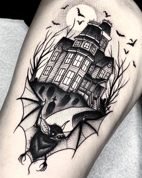 Haunted House Tattoo, Bats Tattoo Design, Halloween Tattoos Sleeve, House Tattoo, Goth Tattoo, Bat Tattoo, Scary Tattoos, Cat Tattoos, Creepy Tattoos