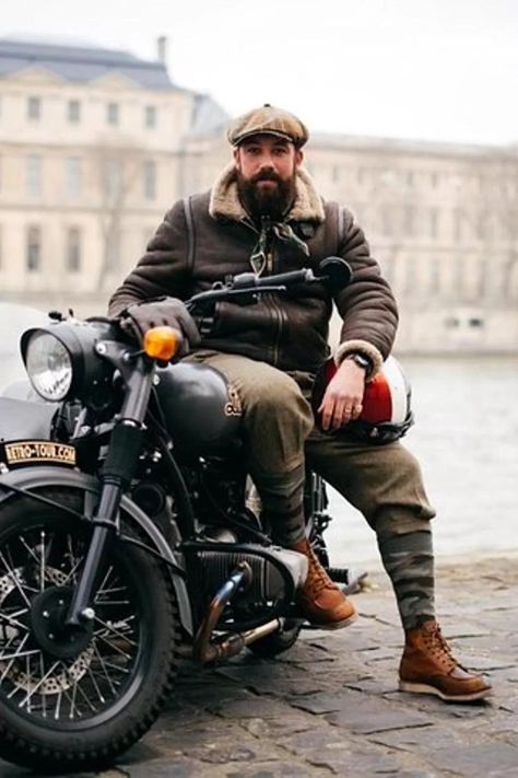 Gentleman Motorcycle, Rugged Gentleman Style, Rugged Gentleman, Male Character Art, Viking Beard Styles, Paris Attractions, Steampunk City, Older Mens Fashion, Bobber Style