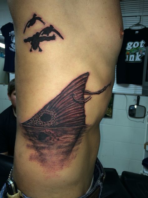 Redfish with ducks locked up. Tattoo done by Ricky Garza in victoria tx. Got ink?  X-treme ink tattoos Saltwater Fishing Tattoo For Men, Redfish Tattoo For Men, Duck Sleeve Tattoo, Redfish Tail Tattoo, Red Drum Fish Tattoo, Hooked Tattoo, Redfish Tattoo, Red Fish Tattoo, Fishing Lure Tattoo