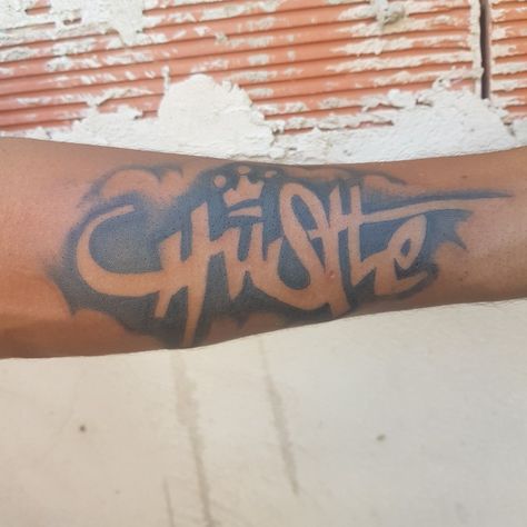 Tattoo on brown skin. Hustle tattoo graffiti style Hustle Tattoo Design, Graffiti Style Tattoo, Tattoo Graffiti Style, Trinidad Tattoo, Hustle Tattoo, Humble Tattoo, Loyalty Tattoo, Tattoo Graffiti, Style Tattoo