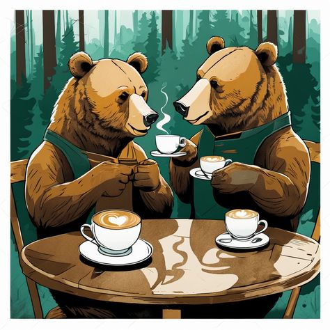 Wandering Bear Coffee, Cafe Mural, Dog Drinking Coffee Illustration, Bear Drinking Coffee Illustration, Bear With Honey Illustration, Bear Eating Honey Illustration, Window Paint, Coffee Drawing, Bear Drawing