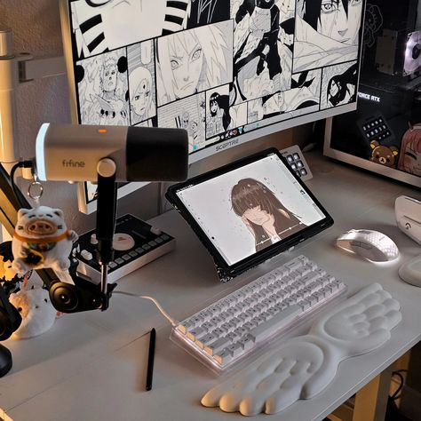 my desk today ✨️😫 gaming desk × anime room × minimal desk × lifestyle - #acubistyle #kpoproomdecor #explore #deskgram #setupinspo #fifine #yunzii #gamingkeyboard #morningvibes #thatgirllifestyle #whitegamingsetup #productivespaces #homeofficedecor Desk Anime, Aesthetic Study Desk, Room Minimal, Minimal Desk, Studio Bedroom, Anime Desk, Desk Aesthetic, Aesthetic Study, Desk Inspo