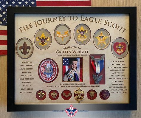 "What do you do with your Scout patches and pins along The Journey to Eagle Scout? They deserve a place of honor. So no more letting them collect dust in a box or a baggie with a plan to do \"something\" with them. But let's be honest, yours are tucked away safely, aren't they? This 11\"x14\" customized Journey to Eagle Scout plaque includes your Scout's name, troop number, Council name, and dates of achievement. There are ovals to hold all six advancement patches and the Eagle Scout patch, a pl Eagle Scout Badge, Eagle Scout Project Ideas, Eagle Ceremony, Eagle Scout Gifts, Eagle Scout Court Of Honor, Boy Scouts Eagle, Eagle Scout Ceremony, Court Of Honor, Eagle Project