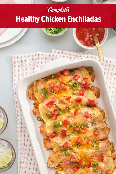 Looking for ideas to use up leftover chicken? This easy to prepare and healthy enchilada recipe comes out of the oven hot and bubbly for a flavorful Mexican-inspired dish that is made in under an hour. This easy Chicken Enchilada recipe is made with our Campbell’s® Healthy Request® Condensed Cream of Chicken Soup. Your search for leftover chicken ideas or grilled chicken ideas is solved with this simple, delicious and healthy recipe! Campbells Chicken Soup Recipes, Campbells Chicken Enchiladas, Cambells Recipes, Steam Chicken Recipe, Healthy Chicken Enchiladas, Easy Chicken Enchilada Recipe, Campbells Recipes, Campbells Soup Recipes, Mexican Chicken Recipes