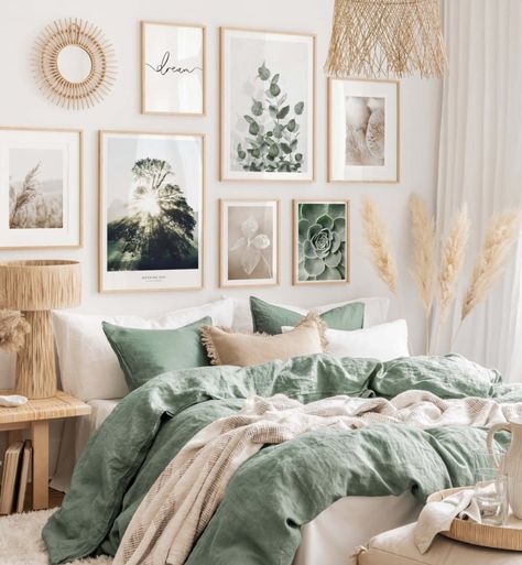 Serene beige and green nature photographs for bedroom - Gallery wall inspiration - Posterstore.com Design Ložnic, Sage Green Bedroom, Gallery Wall Inspiration, Redecorate Bedroom, Green Rooms, Bedroom Green, Room Makeover Inspiration, Green Nature, Master Bedrooms Decor