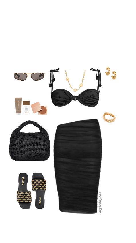 Beach Club Outfit Ideas, Black And Gold Beach Outfit, Black Beach Club Outfit, Beach Club Party Outfit, Pool Club Outfit, Drunk Elephant Bronzing Drops, Elephant Bronzing Drops, Beach Club Outfit, Gold Bathing Suit