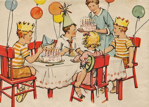 Illustration Birthday Card, Birthday Illustrations, 1950s Kids, Illustration Birthday, Party Illustration, Vintage Birthday Parties, Digital Birthday Cards, Birthday Illustration, Happy First Birthday