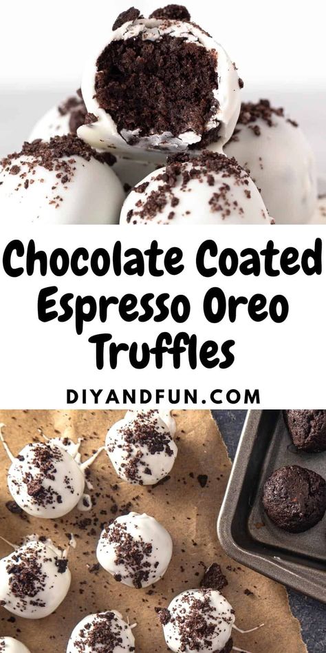 Chocolate Coated Espresso Oreo Truffles, a simple four ingredient snack or dessert recipe made with cookies and coffee. Espresso Truffles Recipe, Coffee Truffles Recipe, Oreo Truffles Christmas, Coffee Truffles, Cookies And Coffee, Espresso Truffles, Oreo Truffles Recipe, Truffle Cookies, Espresso Cookie