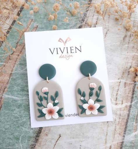 Floral Detailed Polymer Clay Earrings Unique Earrings Artsy Earrings Green Earrings white Floral Polymer Clay Earrings - Etsy Natural Crafts, Fimo Ideas, Floral Polymer Clay, Artsy Earrings, Earring Inspo, Polymer Clay Flower Jewelry, Diy Earrings Polymer Clay, Clay Things, Handmade Clay Jewelry