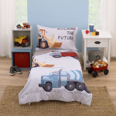 The Everything Kids Trucks 4 Piece Toddler Bed Set includes a comforter, fitted bottom sheet, flat top sheet, and reversible pillowcase. This action-packed comforter measures 42" x 57" and features trucks at work, a dump truck, front loader, and cement truck. Designed in shades of gray, red, yellow, and blue, reverses to solid gray. The gray top sheet measures 45" x 60" and the gray fitted bottom sheet measures 28" x 52” and includes full elastic edges for a safe and snug fit. This set fits a st Toddler Truck Bedroom, Toddler Room Ideas For Boys, Reversible Pillowcase, Truck Bedroom, Mountain Bedroom, Yellow Building, Mattress Pad Cover, Cement Truck, Top Of Bed