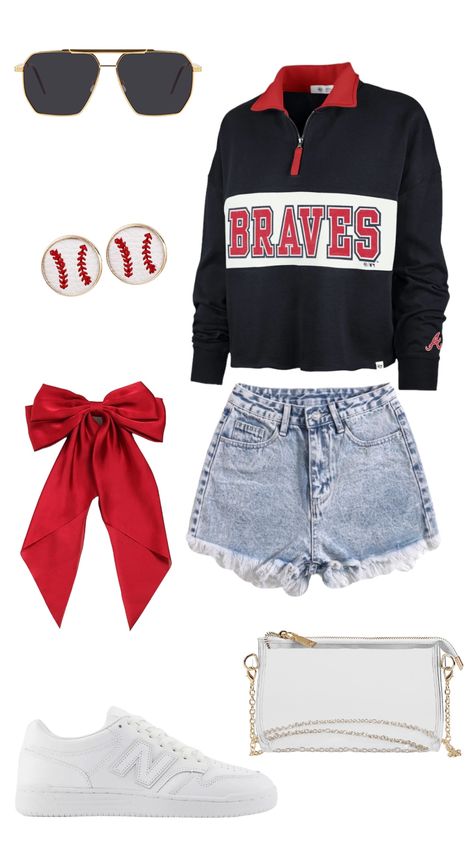 Atl Braves Outfit, Simple Baseball Game Outfit, Mlb Baseball Game Outfit Women, Braves Jersey Outfit Women, Preppy Baseball Game Outfit, Braves Outfit Women, Braves Game Outfit Women, Atlanta Braves Outfit Women, Atlanta Braves Outfit