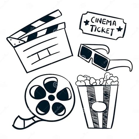 Cinema Movie Doodle Scribble Set Vector Icons. Cinema Film Director Scribble Objects Stock Vector - Illustration of clapper, bucket: 317465192 Film Doodle Art, Cinema Sketch, Cinema Drawing, Cinema Coloring, Cinema Doodle, Cinema Doodle Art, Cinema Drawing Illustration, Ticket Drawing, Cinema Movie Theater