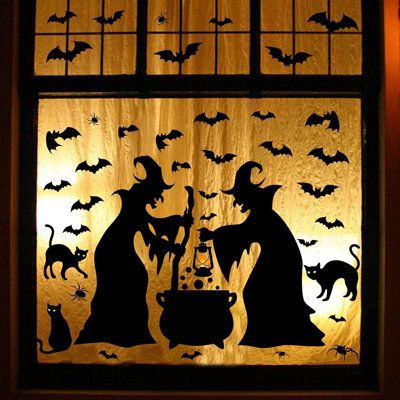 Halloween Decorations Window, Halloween Window Clings, Halloween Window Decorations, Window Poster, Black Cat Silhouette, Casa Halloween, Chat Halloween, Halloween Window, Halloween Silhouettes