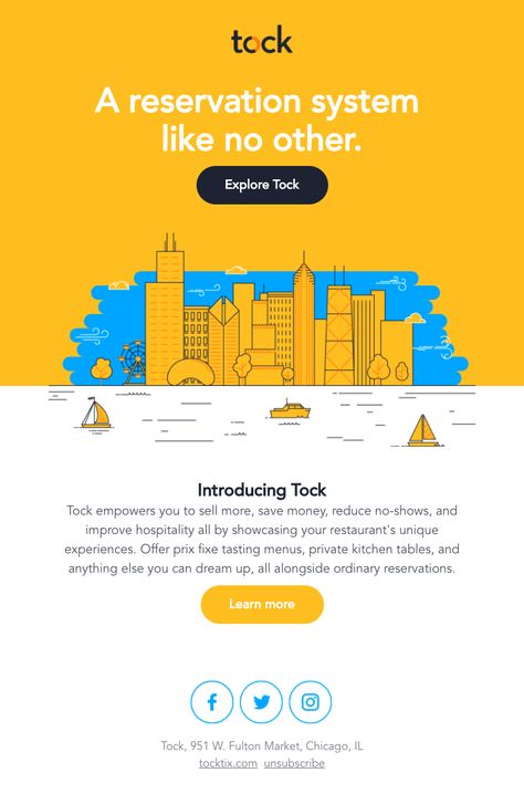 Tock sent this email with the subject line: Introducing Tock, a reservation system like no other - Read about this email and find more product launch emails at ReallyGoodEmails.com #app #productlaunch #promotional Interactive Email Design, Tech Email Design, Testimonials Email Design, Re-engagement Email, Webinar Invitation, Email Advertising, Mailing Design, Email Marketing Infographics, Email Marketing Inspiration