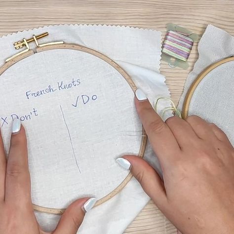 Art Of Embroidery on Instagram: "HOW to MAKE FRENCH KNOTS CORRECTLY 🪡 + Top 6 common mistakes you can avoid and how to fix them easily! Watch full video tutorial on my YouTube channel (link in my profile and stories) You can do French knots without any hoop stand, but you might need to put your hoop on the table in order to free both of your hands. I like to do French knots and hold my hoop in a hoop stand, this way I can do them faster and have my hands free all the time. 1. To make a Frenc Embroidery Video, Knot Embroidery, Embroidery Videos, French Knots, French Knot, Embroidery Tutorials, Video Tutorials, Video Tutorial, Fix It