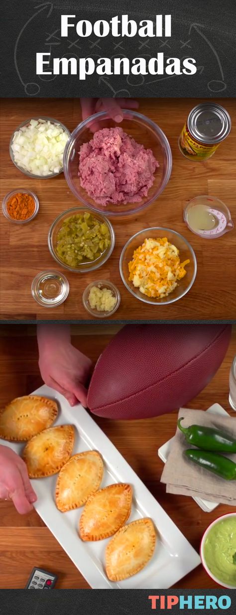 Football Empanadas Recipe | This football shaped appetizer is sure to be a hit at your next fiesta. Packed with ingredients like ground turkey, onions, garlic, lime, green chiles, green chile enchilada sauce, taco seasoning and cheese, of course, this makes for the perfect game day snack or a spicy meal. #familydinner #apps Football Empanadas, Football Shaped Appetizers, Recipe For Empanadas, Creamed Turkey, Green Chile Enchilada Sauce, Cheese Enchiladas, Green Enchilada Sauce, Green Chiles, Game Day Snacks