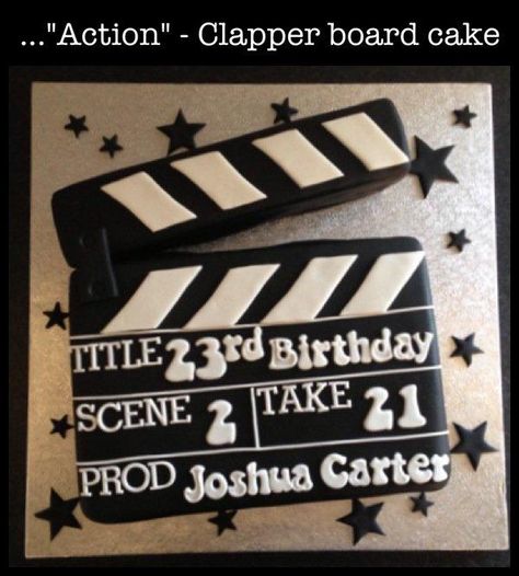 Action!!!! Clapperboard birthday cake www.facebook.com/sugarsweetcakes Scrabble Cake, Movie Theme Cake, Hollywood Cake, Theatre Cake, Film Cake, Torte Creative, Movie Cakes, Movie Birthday Party, Movie Themed Party