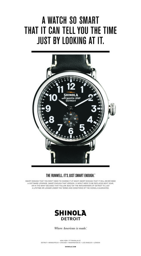 Shinola Takes Aim at Apple Watch in New Ad - Fortune Copywriting Ads, Shinola Watch, Copy Ads, Shinola Detroit, Advertisement Poster, Smart Watch Apple, Commercial Ads, Ad Copy, Watch Ad