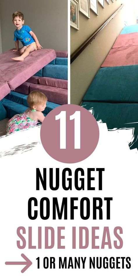 whether you have one or many nugget kids couches, here's ideas for building slide configurations! Nugget Couch Jumping, Nugget Stair Slide, Nugget Ideas For Toddlers, Nugget Couch Climbing Ideas, Two Nugget Builds Fort, 2 Nugget Slide, Nugget Fort Ideas One, 2 Nugget Builds For Climbing, 2 Nugget Couch Builds Slide