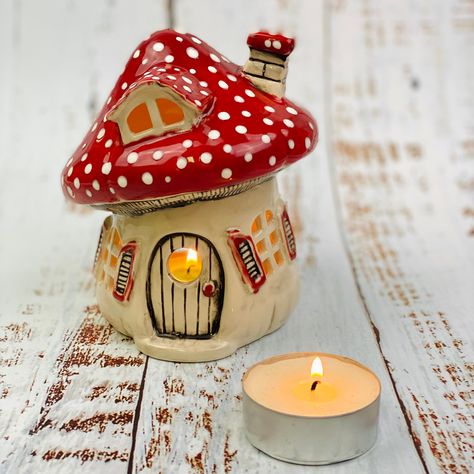 Craft Mushrooms, Paint A Pot, House Candle Holder, Paint Pottery, House Candle, Liquid Clay, Clay Fairy House, Bee Painting, Clay Fairy