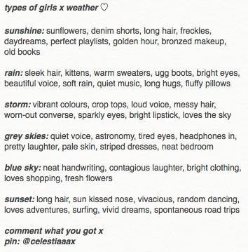 Days Of The Week As People, Describing Weather Writing, Weather Description Writing, Types Of People As Aesthetics, Types Of Girls Personality, Types Of Girls Aesthetic, Aesthetics As People, Types Of People Aesthetic, Facial Features Makeup