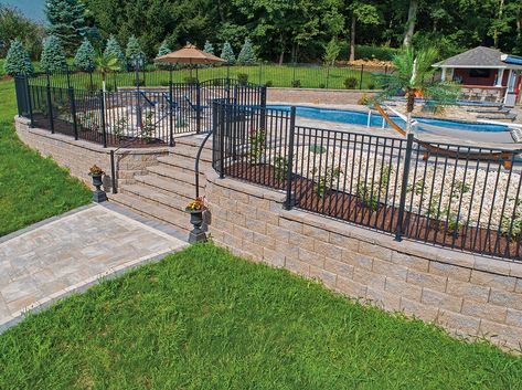 Walls Archives | EP Henry Walkway Design Ideas, Pool Retaining Wall, Fence Around Pool, Backyard Pool Design, Paver Patterns, Stone Walls Garden, Walkway Design, Swimming Pool Landscaping, Stone Landscaping