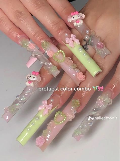 Kawaii Long Acrylic Nails With Charms, Prymrr Nails, Cute Pink And Green Nails, Nail Ideas Girly, Long Charm Nails, Kawaii Acrylics, Green Junk Nails, Green And Pink Acrylic Nails, Hello Kitty Junk Nails