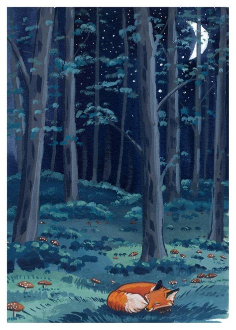 Forest At Night Illustration, Forest At Night Art, Night Forest Drawing, Night Forest Illustration, Fox Wallpaper, Fox Artwork, Forest Drawing, Fox Art Print, Night Illustration