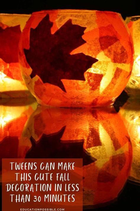 Tweens can make this autumn leaf luminary craft in less than 30 minutes. It's the perfect DIY project that they can use as fall decor. Fall Luminaries, Diy Luminaries, Diy Crafts For Teens, October Crafts, Fun Fall Crafts, Fall Arts And Crafts, Easy Fall Crafts, Autumn Activities For Kids, Activities For Teens