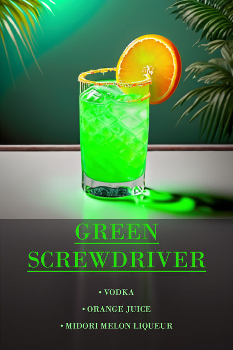 Green Alcoholic Drinks For A Party, Green Alcoholic Drinks, Screwdriver Cocktail, Bartender Drinks Recipes, Iced Drinks Recipes, Bartender Drinks, Pretty Alcoholic Drinks, Candy Cocktails, Cocktail Drinks Alcoholic