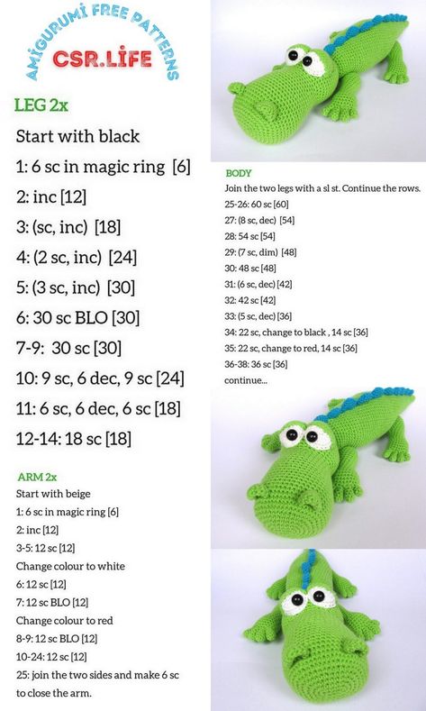 Cute Crocodile Amigurumi Free Crochet Pattern - Csr.life Crocodile Amigurumi, Cute Crocodile, Crochet Critters, Crochet Turtle Pattern, Crochet Project Free, Free Amigurumi Crochet Patterns, Crocheted Animals, Sensory Ideas, Crochet Disney