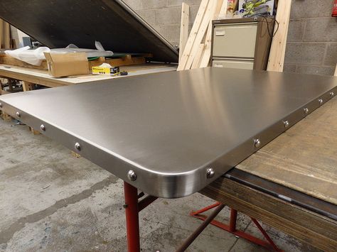 Satin Stainless Steel Table Top with Chrome Studs Stainless Steel Kitchen Table, Stainless Table, Stainless Steel Table Top, Cooking Station, Zinc Table, Kitchen Revamp, Stainless Steel Coffee Table, Cheap Ceiling Lights, Work Tables