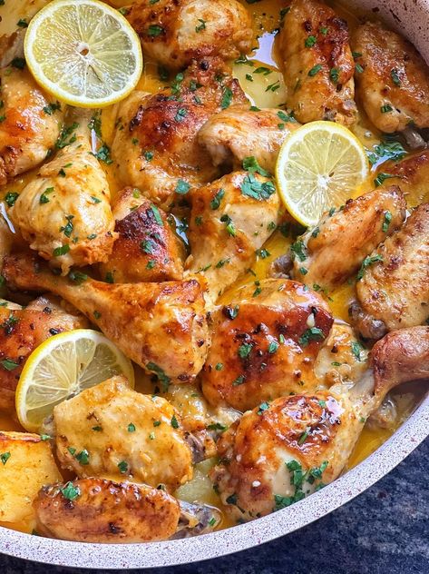 Lebanese Style Baked Garlic-Lemon Chicken & Potatoes – Mamaghanouj Lebanese Baked Chicken, Dry Oregano, Lebanese Chicken, Easy Suppers, Hospital Food, 2024 Recipes, Weekend Food, Food Fest, Lemon Garlic Chicken