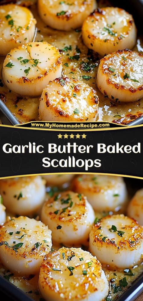 These Garlic Butter Baked Scallops are tender, juicy, and packed with buttery garlic goodness. Perfectly seasoned and baked to golden perfection, they make an elegant and easy-to-prepare seafood dish.  Ingredients:  1 lb sea scallops 1/4 cup melted butter 2 cloves garlic, minced 1/4 cup breadcrumbs A simple, impressive dish with bold flavors in every bite Easy Baked Scallops, How To Bake Scallops In The Oven, Baked Scallops Healthy, Easy Scallops Recipe Simple, Garlic Butter Baked Scallops Recipe, Cod And Scallop Recipes, Sauteed Scallops Recipes, How To Cook Scallops In Oven, Easy Shrimp And Scallop Recipes