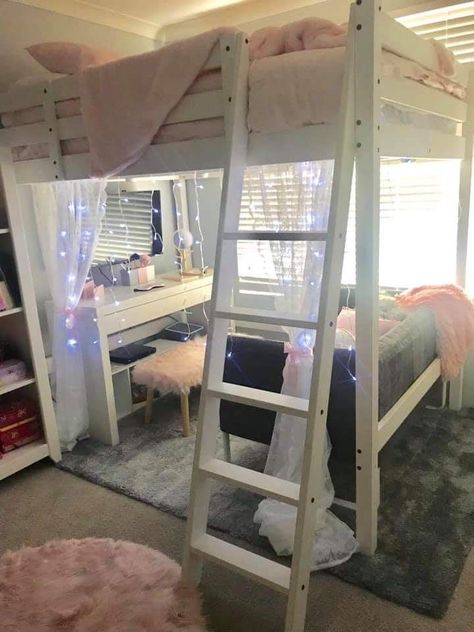 Sophisticated Loft Bed, Loft Bed Over Futon, A Bunk Bed With A Desk, Cute Room Ideas With Loft Beds, Room Idea Loft Bed, Bedroom Decor Loft Bed, Loft Bed Ideas Preppy, Sitting Area Under Loft Bed, Cute Room Ideas Loft Bed