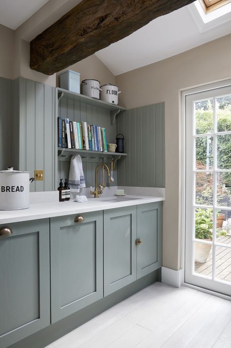 Kitchen makeover in duck egg blue Duck Egg Blue Kitchen Cabinets, Duck Egg Kitchen, Duck Egg Blue Kitchen, Dreamy Kitchens, Hickory Kitchen Cabinets, Bungalow Interiors, Small Seating Area, Kitchen Cupboards Paint, Bistro Kitchen