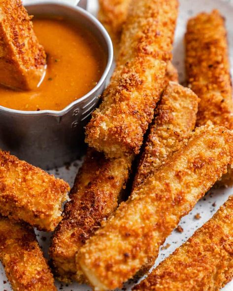 Make super crispy breaded tofu sticks with just 5 base ingredients and a pan, oven, or air fryer. Delicious, versatile, and easy to make gluten-free and adapt with your seasoning and coating of choice! #vegan #breaded #tofu #strips Breaded Tofu, Fry Bake, Pan Fried Tofu, Vegan Barbecue, Vegetarian Barbecue, Gluten Free Bread Crumbs, Pan Fry, Firm Tofu, Baked Fries