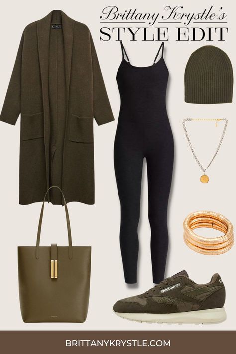 Looking for a chic and easy way to style the viral bestselling Mango coatigan? This casual coatigan outfit for women will have you pulled together and out the door in no time. This athleisure style edit features curated clothing and accessories from Demellier, Reebok, Beyond Yoga, Shashi & more. -- Long cardigan outfit. Black Unitard Outfit. Unitard Winter Outfit, Green Long Cardigan Outfit, Long Green Cardigan Outfit, Mango Coatigan, Long Cardigan Outfit Winter Casual, Black Unitard Outfit, One Piece Body Suit Outfit, Full Body Suit Outfits, Coatigan Outfit