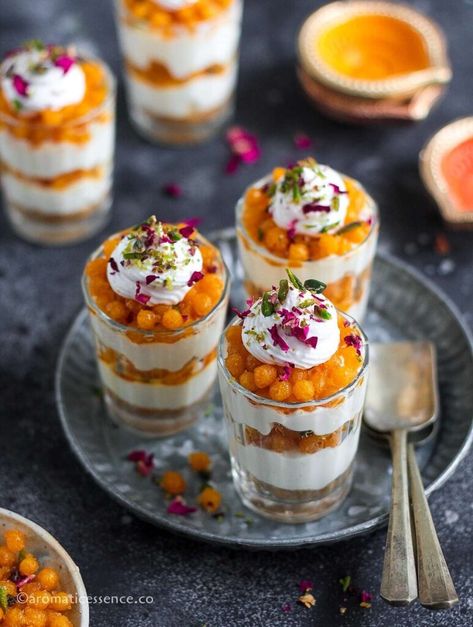 Boondi Cheesecake Shots - Aromatic Essence Desserts In Shot Glasses, Cheesecake Shots, Motichoor Ladoo, Shot Glass Desserts, Dessert Cups Recipes, Desserts In A Glass, Buttery Biscuits, Digestive Biscuits, Indian Dessert Recipes