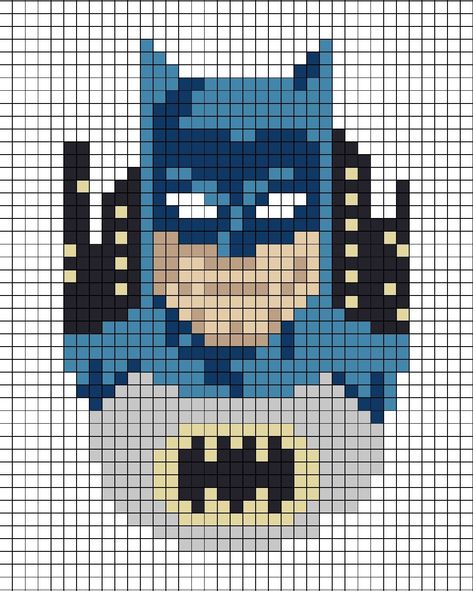 A pixel art template of the classic Batman. Batman Cross Stitch, Batman Pixel Art Grid, Dc Cross Stitch, Marvel Cross Stitch, Easy Pixel Art, Pixel Drawing, Pixel Art Templates, Pix Art, Pixel Art Grid