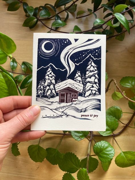 Send Some Light Card Pack 6 Card Set Block Printed Greeting Cards A2 Size - Etsy Nature Block Print, Landscape Block Print, Linocut Greeting Cards, Forest Block Print, Tarot Lino Print, Joy Cards, Hemp Twine, Planner Pens, Holiday Gift Wrap