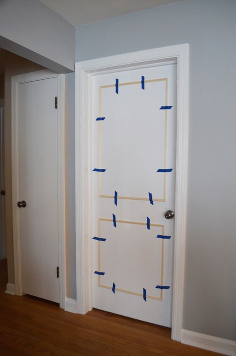 White Flat Doors, Add Trim To Plain Door, Add Moulding To Flat Door, Adding Trim To Flat Doors, Adding Trim To Plain Doors, How To Add Trim To Doors, Upgrade Plain Doors, Plain White Doors Interior, Add Trim To Hollow Core Door