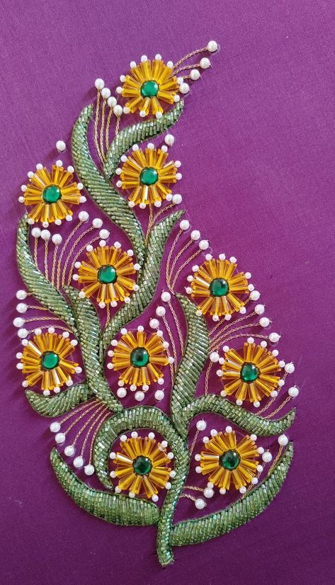 Beads Work Motif, Beads Work Embroidery Design, Aari Hand Work Designs, डिजाइनर कपड़े, Silk Ribbon Embroidery Patterns, Easter Embroidery Designs, Simple Hand Embroidery Patterns, Flower Machine Embroidery Designs, Aari Designs