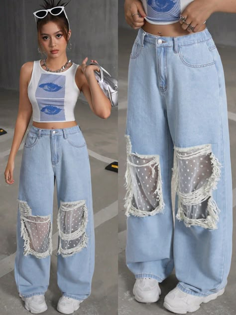 Cute Jeans Not Ripped, Unique Clothing Pieces, Teen Girls Outfits, Denim Diy Clothes, Cute Ripped Jeans, Teen Jeans, Ripped Jeans Style, Cool Jeans