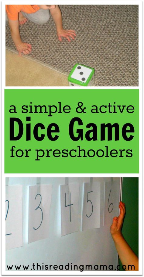 A Simple and Active Dice Game for Preschoolers ~ help kids learn how to recognize the dot patterns on dice with this ACTIVE game {FREE printable included} - This Reading Mama Dice Games For Preschoolers, Number Games For Toddlers, Number Games Preschool, Activity Numbers, Dice Math Games, Reading Games For Kids, Game For Preschoolers, Games For Preschoolers, Grid Game